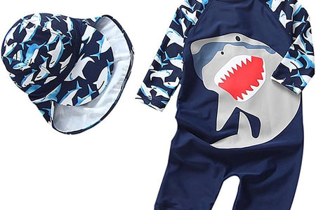 Baby Boys Kids Swimsuit One Piece Toddlers Zipper Bathing Suit Swimwear with Hat