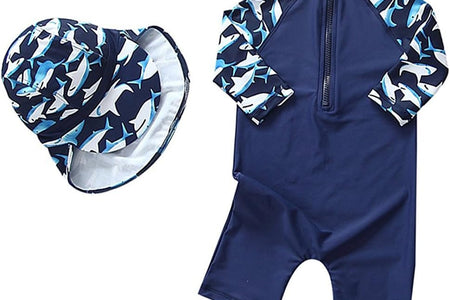 Baby Boys Kids Swimsuit One Piece Toddlers Zipper Bathing Suit Swimwear with Hat